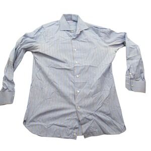 Isaia Napoli Mens Blue Brown Striped Dress Shirt 16 41 Made in Italy Cotton